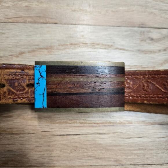 Vintage 1980s Sky West Brass Belt Buckle Inlay Wood Turquoise New Mexico Western main image 6